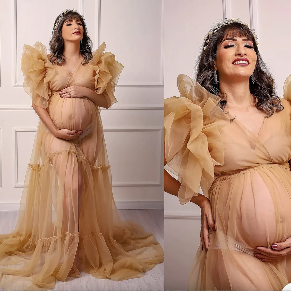 Illusion Women Sleepwear Tiered Ruffles Short Sleeve Nightdress For Pregnant Bridal Wedding Party Evening Photography Dress Wear Gowns