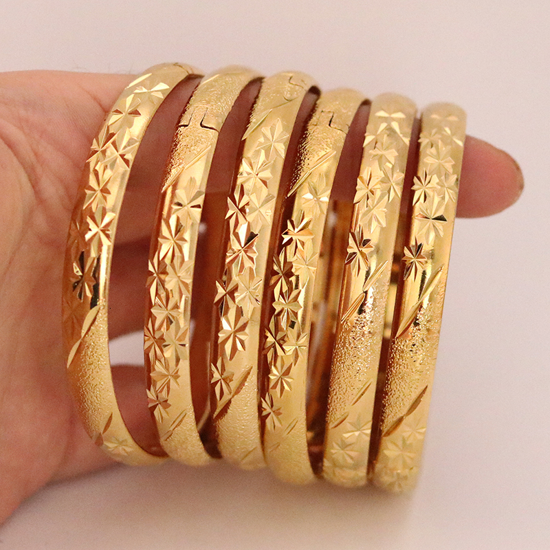 Bangle 8MM 6 Buah Lot Gelang Emas Dubai untuk Wanita Pria 24K Warna Ethiopia Perhiasan Afrika Hadiah Pernikahan Pengantin Arab Saudi 230427