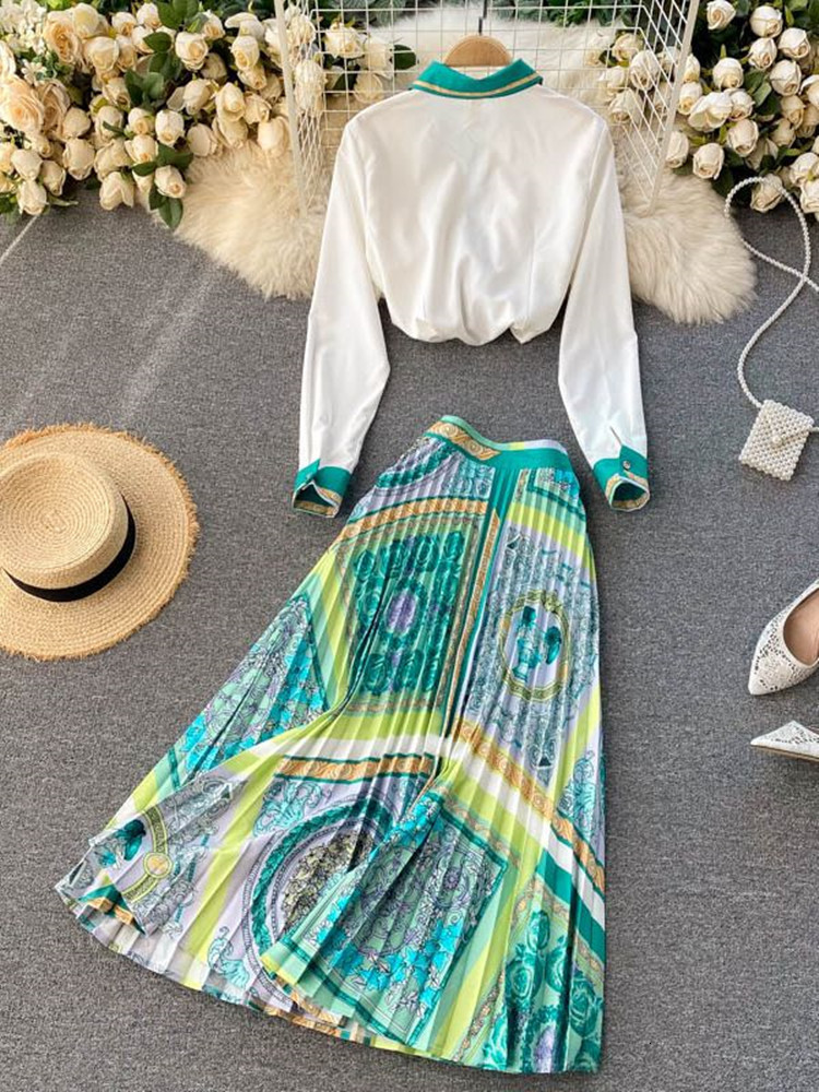 Two Piece Dress Spring Fashion Runway Midi Skirt Sets Women's Long Sleeve Contrast Color Green White Shirt and Pleated Skirts Two Piece Suit 2304