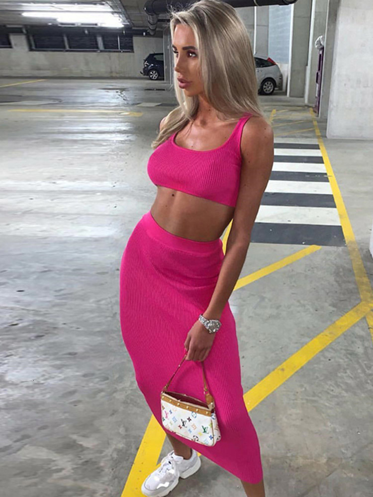 Two Piece Dress women summer clothes soild color casual crop tank tops long pencil skirt fitness skinny outfit suit two piece 2pc sets 230428