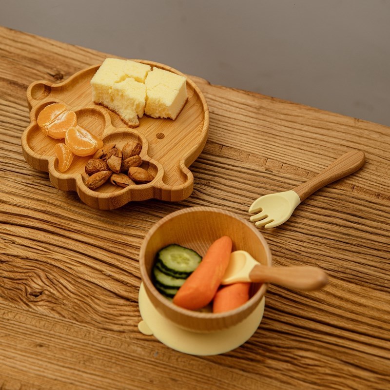 Cups Dishes Utensils 3Pcs Wooden Dinner Plate Silicone Suction Cup Kids Feeding Tableware Bamboo Wood Non-slip Dinnerware Baby Feeding Plate Free BPA 