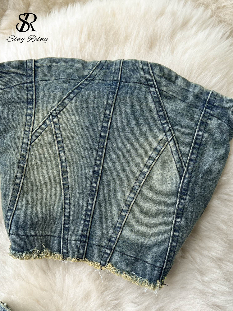 Two Piece Dress SINGREINY Retro Sexy Denim Two Pieces Suits Female Elastic Sheath Mini Strapless Tank TopMidi Long Skirt Women Summer Sets 230428