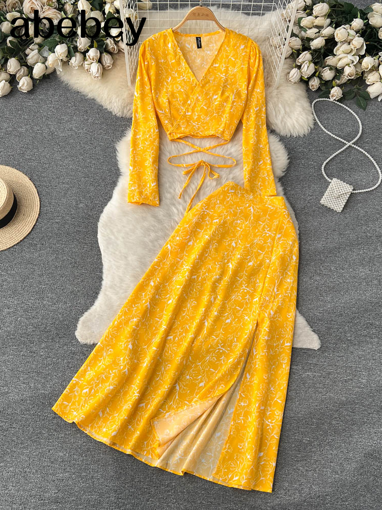 Two Piece Dress Women Chiffon Vacation Bohemian Two Pieces Suits Summer Lace Up Top Split Long Skirt Sets Y2K Floral Print Beach Sets 230428