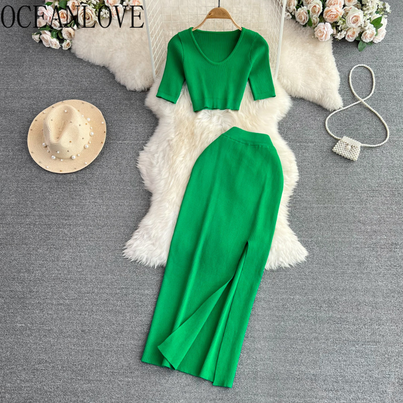 Two Piece Dress OCEANLOVE Two Piece Set for Women Knitting Solid Spring Summer Sexy Skirts Sets Korean Fashion Sexy Conjuntos De Vestidos 230428