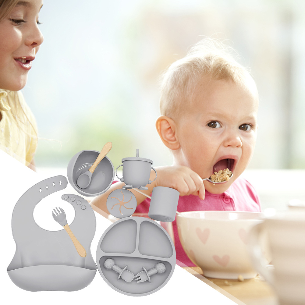 Cups Dishes Utensils 3/9PCS Set Baby Silicone Tableware Set Baby Feeding Dishes BPA Free Bowl Plate Bibs Spoon Fork Sets Children Non-slip Dinnerware 