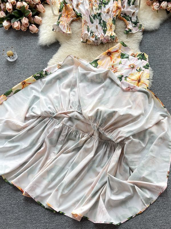 Two Piece Dress Summer Holiday Flower Print Two Piece Sets Women's Sexy Off-shoulder Crop Top High Waist Long Skirt Boho Beach Set Suit M7362# 23