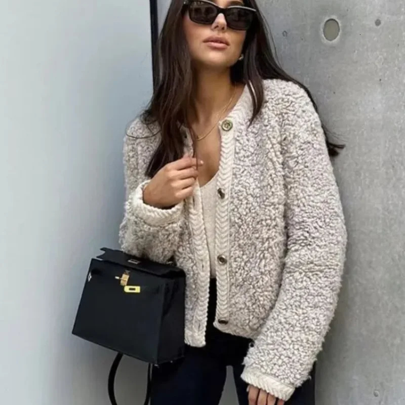 Womens Jackets LKSK Single Breasted Knitted Teddy Coats Women Casual Long Sleeve Jackets Winter Female Street Outerwear 231127