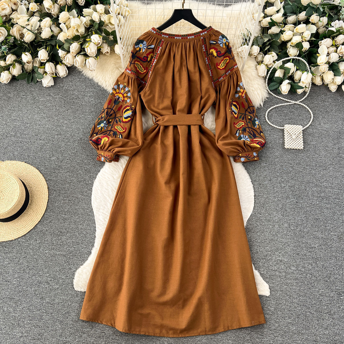 Ladies Fashion Resort Small Stand Collar Floral Embroidery Long Sleeve Loose Belt Sweet Elegant Woman Black Party Maxi Dress 4XL 211029