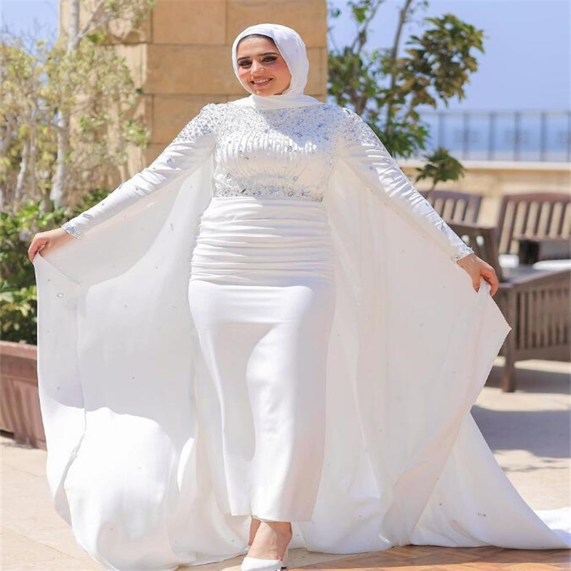 Countries Rhinestone Muslim Wedding Dress With Cape Elegant Crystal Pure White Muslimah Bohemian Bridal Gown Long Sleeve Dubai Saudi Arabic Bride Dres