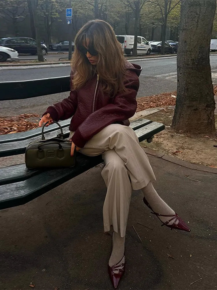 Women's Jackets Autumn Red Pu Leather Cropped Coats Women Vintage Lapel Loose Long Sleeve Zipeer Jackets Winter Fashion Female Warm Streetwear 23