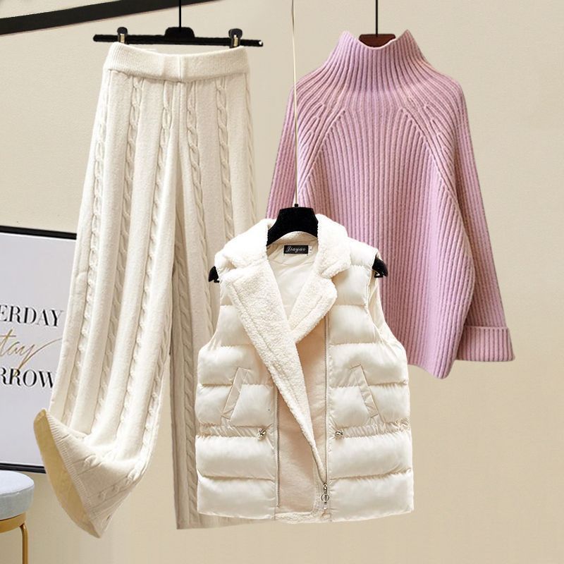 Womens Two Piece Pants Plus Size Winter Warm 3 Piece Set Women Pullover Sweater Wide Leg Pants Lamb Wool Vest Knitted Suit Tracksuit Womens Clothes 22