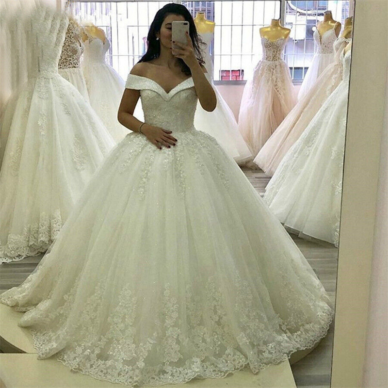 Sparkly Ball Gown Lace Wedding Dress Off Shoulder Sequin Appliques Garden Bride Dress Spectacular Floor Length Tulle Church Vestidos De Novia Luxury R