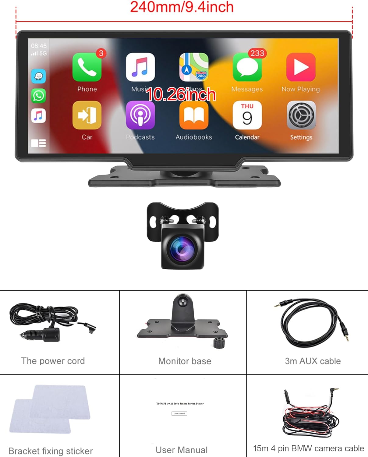 10.26 Stereo Apple Carplay Android Auto 2.5K Dash Cam,1080P Backup Camera Car Radio with Bluetooth/Mirror Link/Maps Navigation/Voice Control/64GTF Car