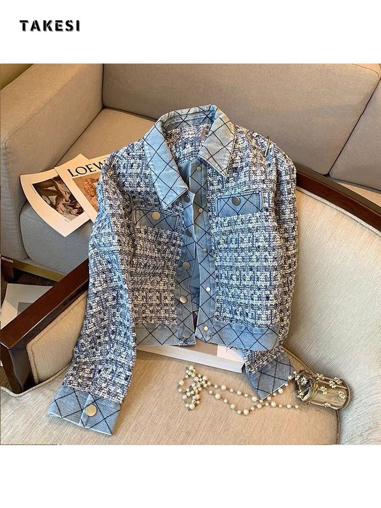 Women's Jackets Small Fragrance Tweed Coat Women's Autumn Blue French Celebrity Temperament Short Top Elegant Denim Jacket 230428