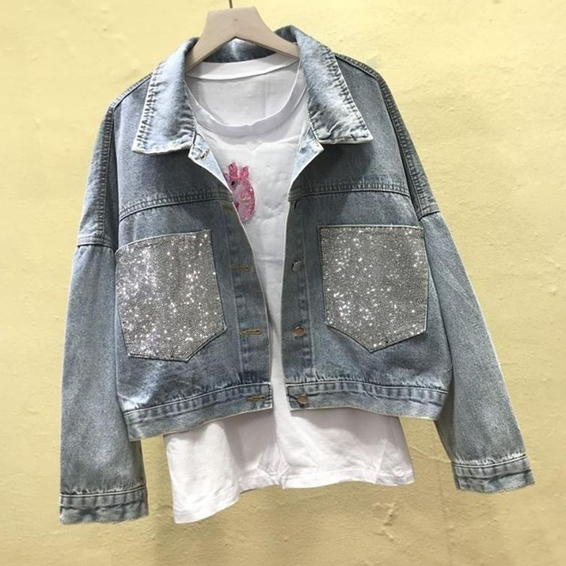 Women's Jackets Rimocy Crystal Pocket Cropped Denim Jackets Women Autumn Long Sleeve Loose Jacket Woman Button Up Streetwear Jean Outwear 230428