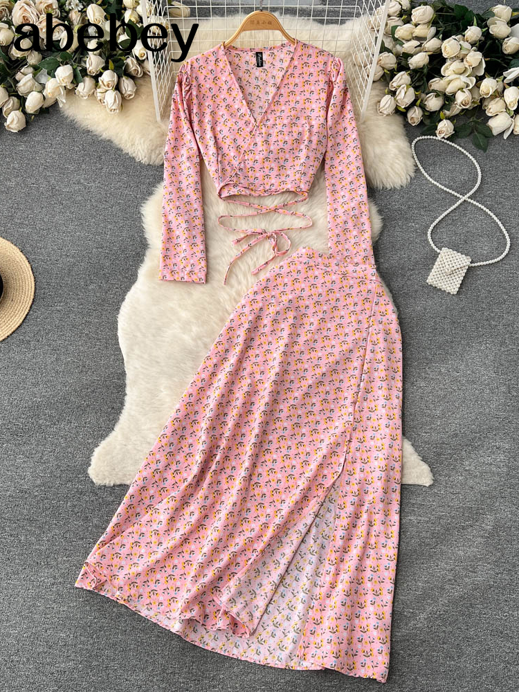 Two Piece Dress Women Chiffon Vacation Bohemian Two Pieces Suits Summer Lace Up Top Split Long Skirt Sets Y2K Floral Print Beach Sets 230428