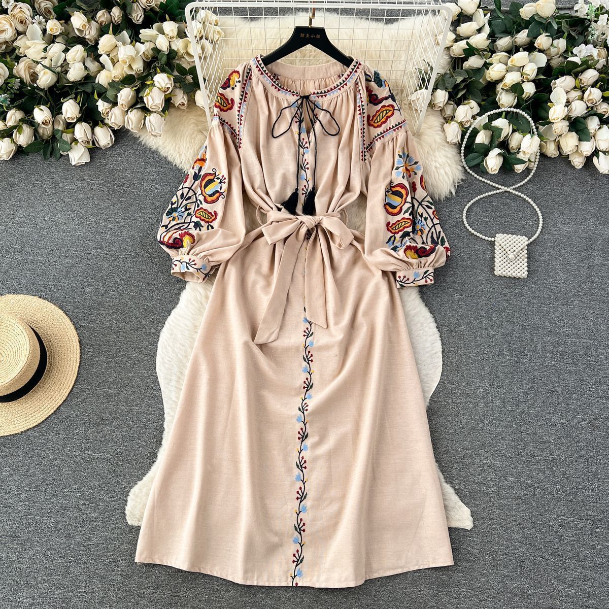 Ladies Fashion Resort Small Stand Collar Floral Embroidery Long Sleeve Loose Belt Sweet Elegant Woman Black Party Maxi Dress 4XL 211029