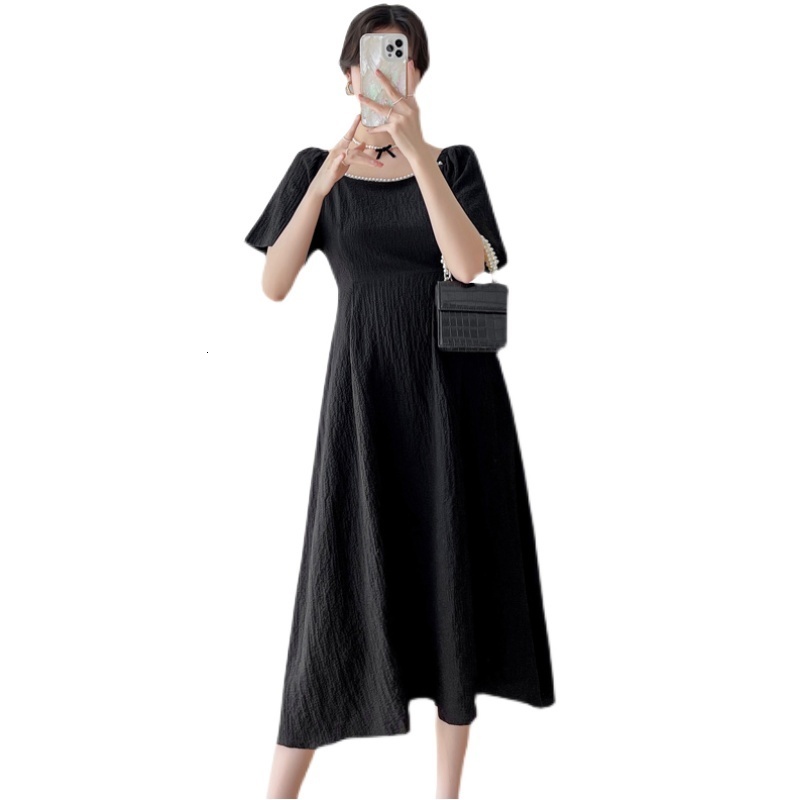 Maternity Dresses 929# Summer Korean Fashion Black Maternity Midi Dress Elegant A Line Slim Clothes for Pregnant Women Beading Pregnancy 230428CJ