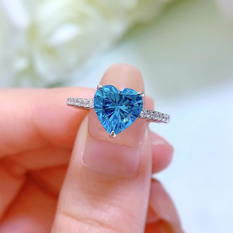 Brand Wedding Rings Simple Fine Jewelry Soild 100% 925 Sterling Silver Heart Designer Shape Aquamarine Moissanite Gemstones Party Women Engagement Ban