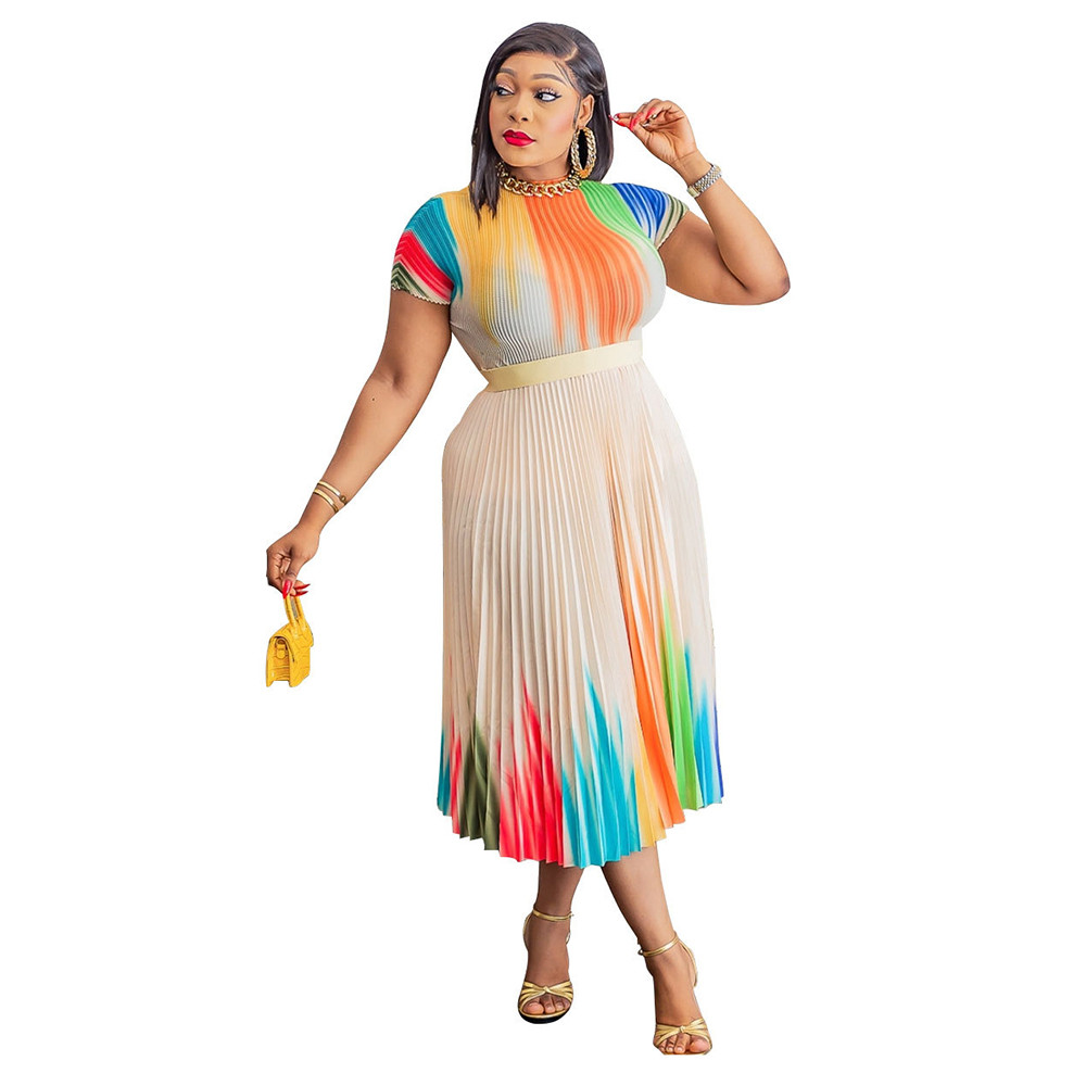 New Dress Sets Summer Women Short Sleeve T-shirt and Pleated Long Skirt Two Piece Sets Fashion Print Loose Skirt 2pcs Suits Bulk Clothes 9804