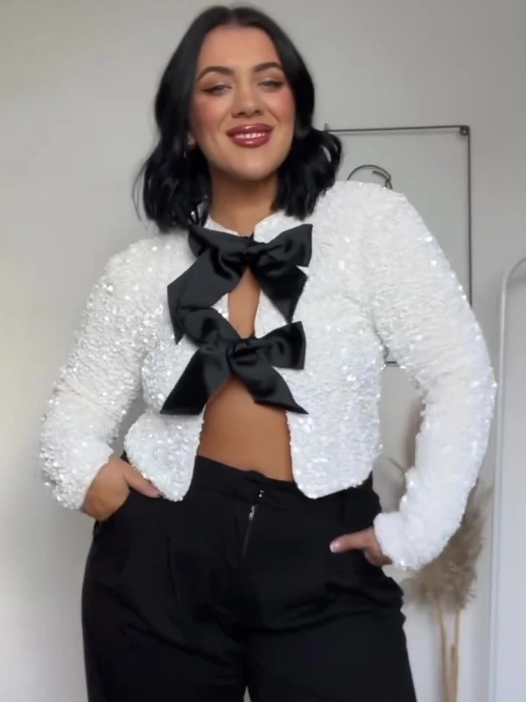 Women's Jackets Fashion Bow Sequin Jacket For Women Christmas Sparkling Coats Female Elegant Long Sleeve Chic Cropped Shiny Evening Partywear 231