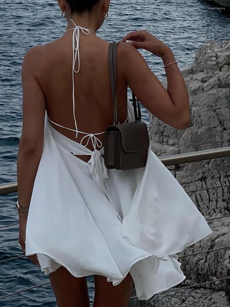 Women's Halter Neck Ruffle Mini Dress: Strapless Tie Back Hollow Out Beach Sundress