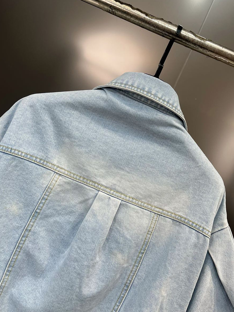 Women's Jackets CHICEVER Patchwork Pearls Denim Jackets For Women Lapel Puff Sleeve Single Breasted Hollow Out Casual Jacket Female Spring 230428