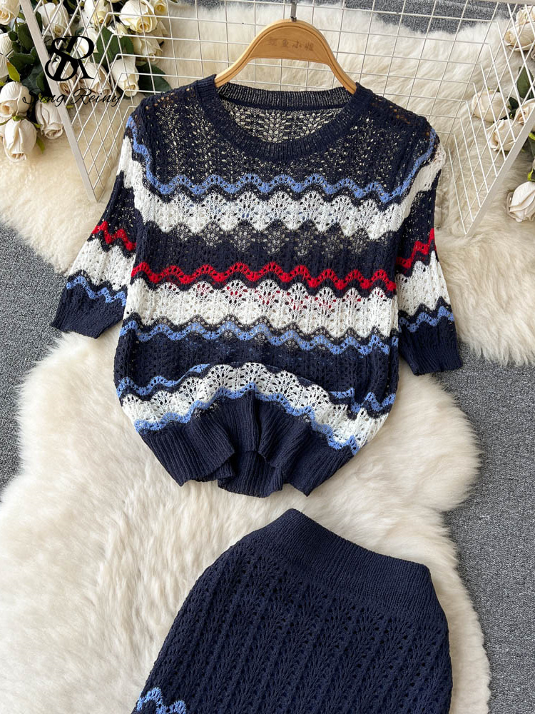 Two Piece Dress SINGREINY Summer Beach Knitted Two Pieces Suits Loose T ShirtLong Skirt Sets High Street Elastic Waist Striped Casual Sets 230428