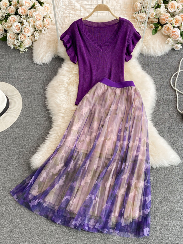 Two Piece Dress FTLZZ Summer Elegant Women Two Piece Sets V-neck Ruffled Knitted Top and Lace Mesh Floral Print Dress Casual Lady Suit 230428