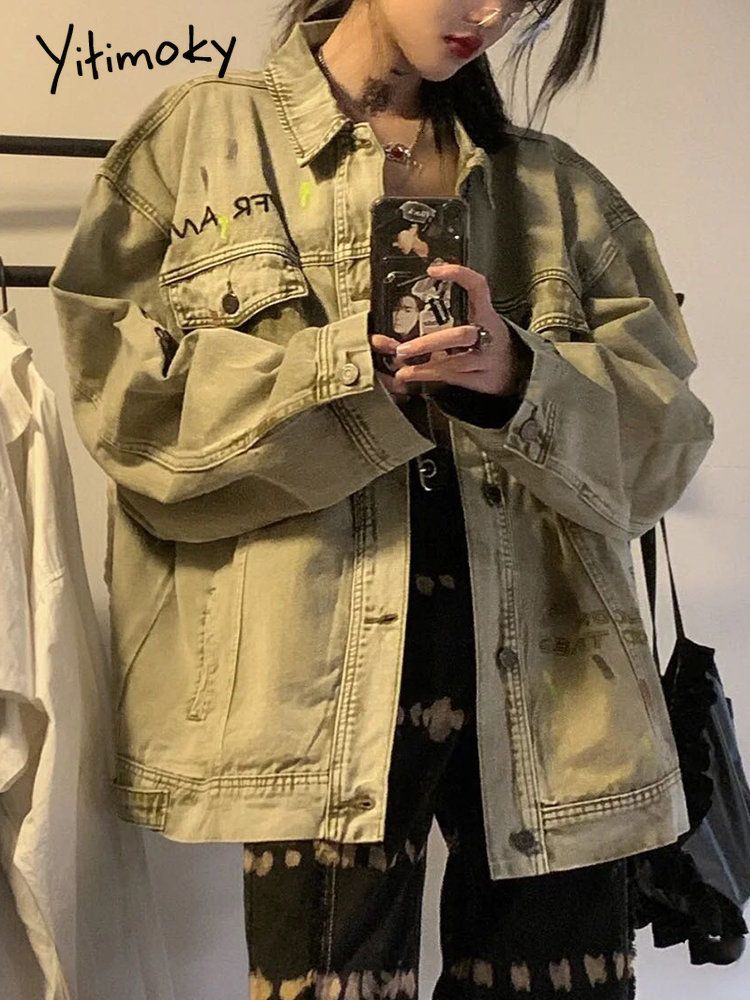 Women's Jackets Cotvotee Cargon Denim Jacket Women Long Sleeve Turn-down Collar Embroidery Single Breasted Coat Casual Outerwear Y2k 230428