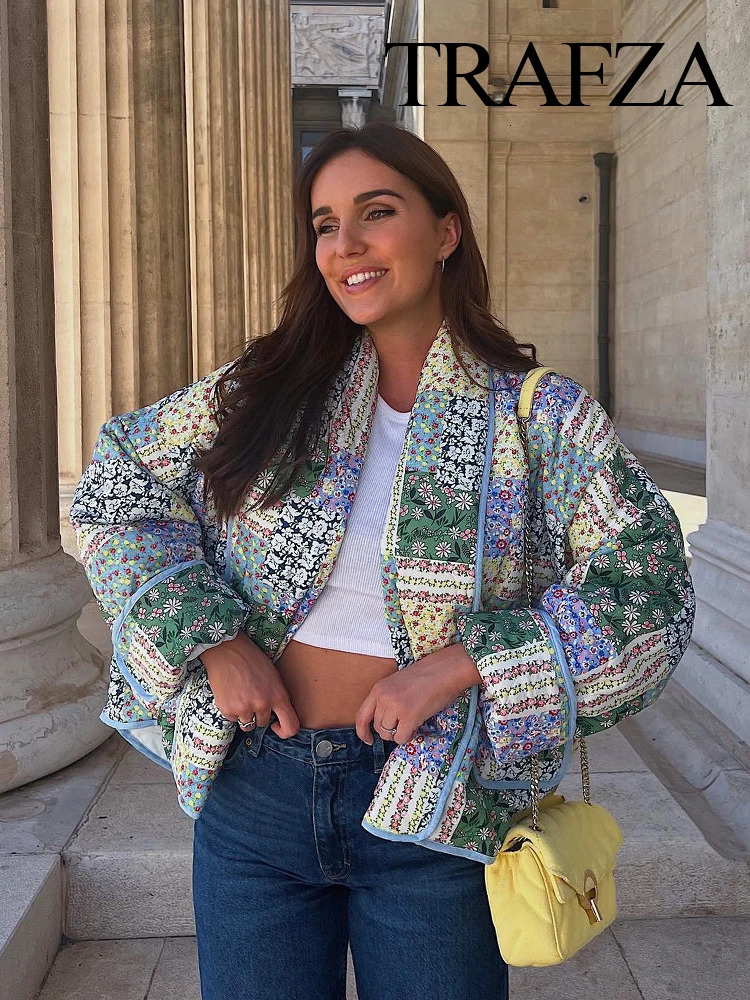 Women's Jackets TRAFZA Women Fashion Vintage Pint Cotton Coat Patchwork O Neck Loose Long Sleeve Jacket Autumn Outerwear Chic Woman Streetwear 23