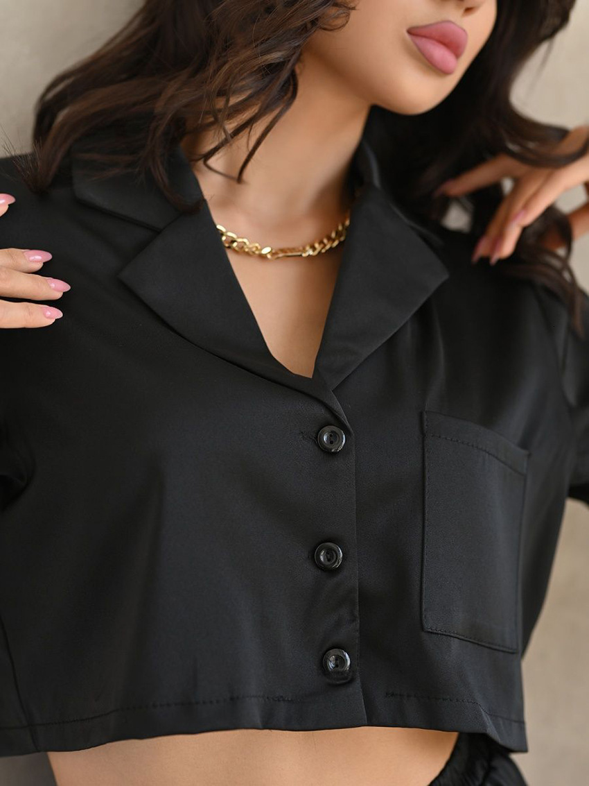 Women's Sleepwear Summer Women Short Sleeve Turn-down Collar Sleep Tops with Shorts Pajamas Set Crop Top Home Suit Woman Matching Sets Pyjama 230