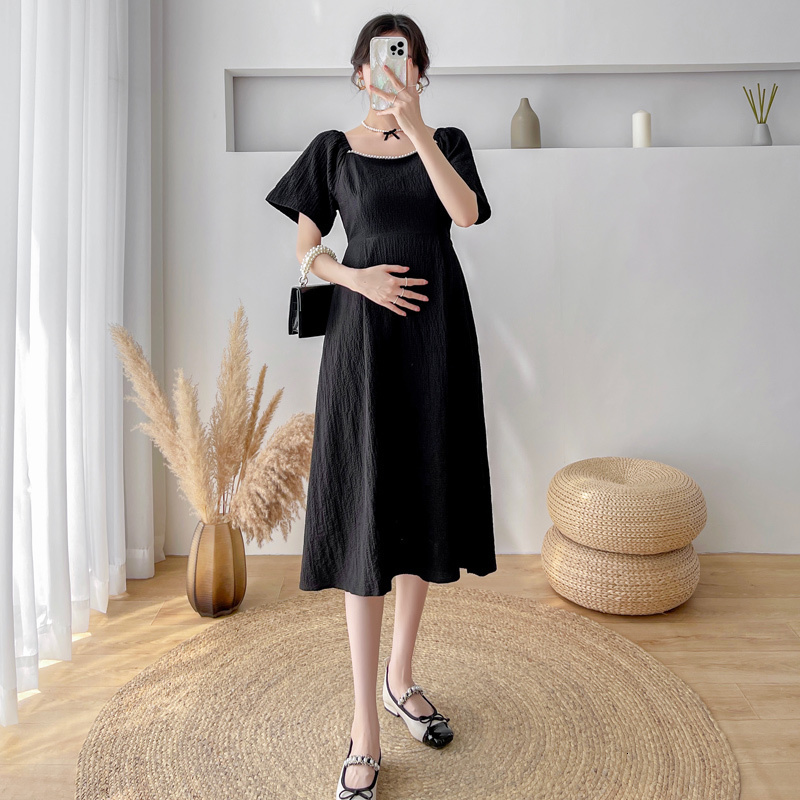 Maternity Dresses 929# Summer Korean Fashion Black Maternity Midi Dress Elegant A Line Slim Clothes for Pregnant Women Beading Pregnancy 230428CJ