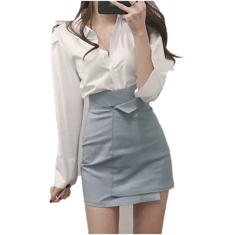 Two Piece Dress Spring/Summer Two Piece Set Female fashion Outfits for Women ShirtHigh waist A-line Irregular skirt Korean office Suit 230428