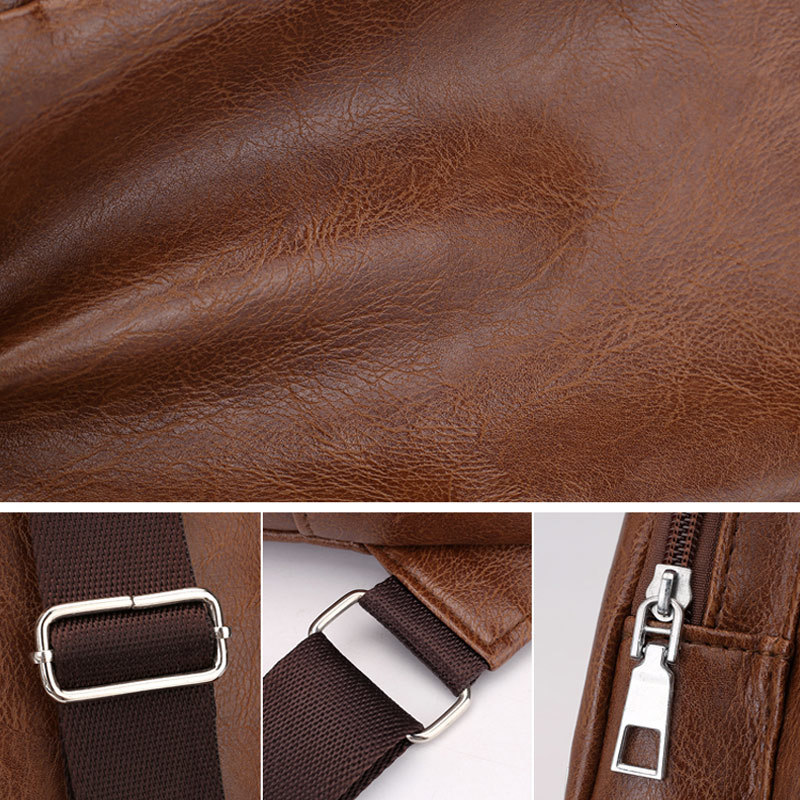 External Frame Packs Men Sport Chest Bag Vintage PU Zipper Open Crossbody with Earphone Holes Casual Fashion Men's 230427