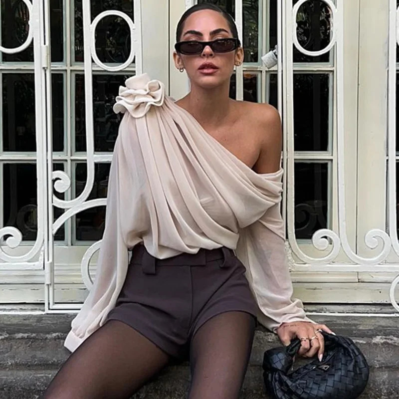 Women s T Shirt Cryptographic Skew Collar Floral Applique Mesh Chiffon Tops for Women Elegant Fashion Club Cropped See Through Pullover 231127