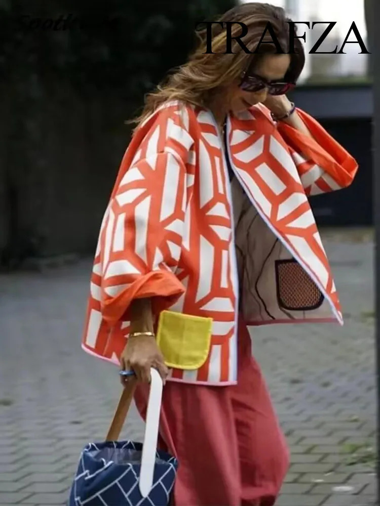 Women's Jackets TRAFZA Women Fashion Vintage Pint Cotton Coat Patchwork O Neck Loose Long Sleeve Jacket Autumn Outerwear Chic Woman Streetwear 23