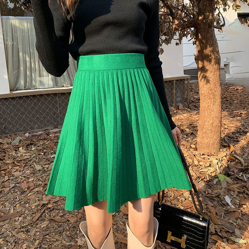 Skirts Women Skirt Short Green Beige Black Knitted Pleated Skirt A-Line High Waist Korean Spring Autumn Winter Skirt mujer faldas 230428