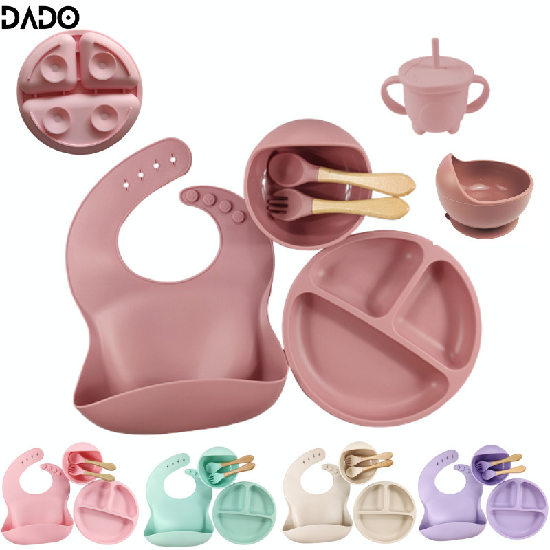 Cups Dishes Utensils Silicone Spoons Forks Bib Bowls Dish Cup Child Feeding Suction Kids Toddler Eating Tableware Dinnerware Non-slip Set 230428