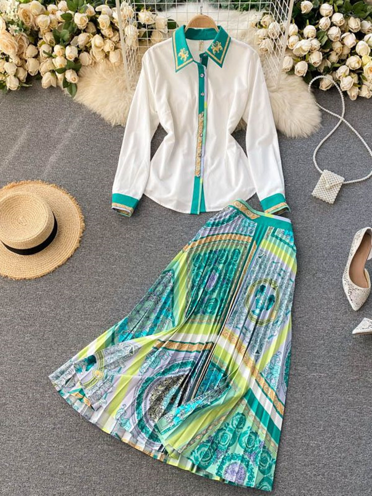 Two Piece Dress Spring Fashion Runway Midi Skirt Sets Women's Long Sleeve Contrast Color Green White Shirt and Pleated Skirts Two Piece Suit 2304