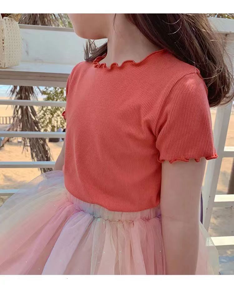 Tshirts Girl Short Sleeved TShirt Summer Kids Top Tees Baby Solid Color Shirts 1 To 8 Yrs Childrens Clothing Korean Style 230427