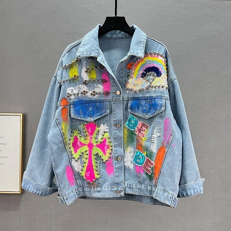 Women's Jackets Fashionable Spring Female Blue Denim Jacket Personality Hand-painted Graffiti Rivets Casual European Sequins Long Sleeves 230428