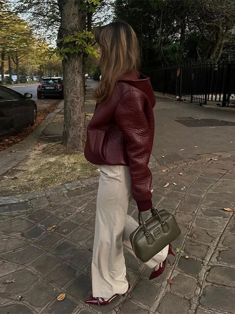 Women's Jackets Autumn Red Pu Leather Cropped Coats Women Vintage Lapel Loose Long Sleeve Zipeer Jackets Winter Fashion Female Warm Streetwear 23