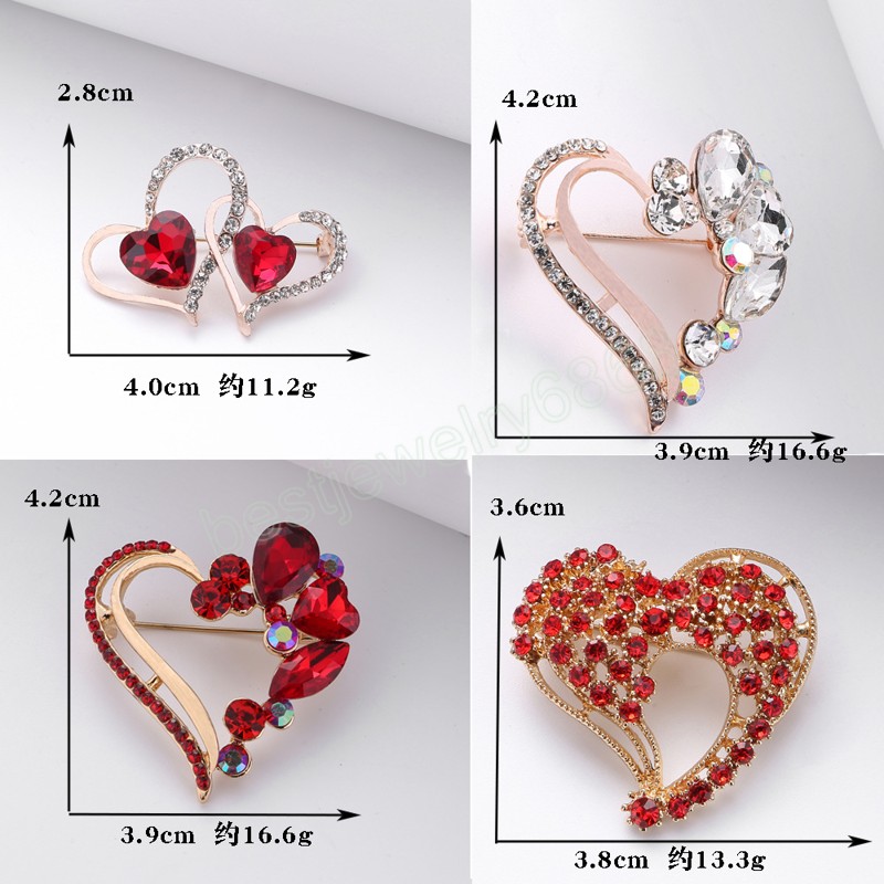 Exquisite Heart Shape Brooches Women Ladies Romantic Elegant Red Rhinestone Crystal Brooches Pins Clothes Accessories Gifts