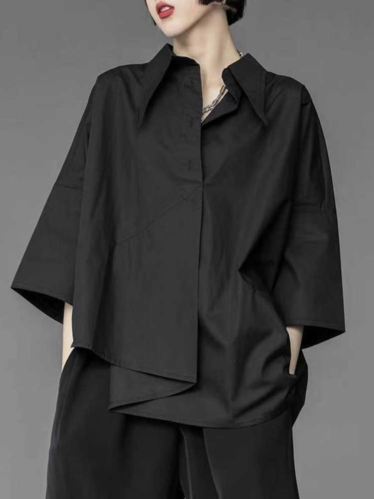 Women's Blouses Shirts Black Shirts New Summer Loose Unique Short-sleeved Women Irregular Three-quarter Sleeve Handsome Unisex White Blouse Women