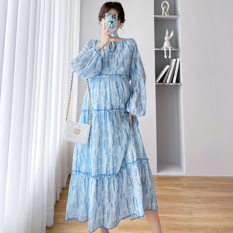 Maternity Dresses Elegant Maternity Women Dress Long Sleeves Pleated Chiffon Printing Loose Pregnant Winter Autumn Fashion Long Dress 230428CJ