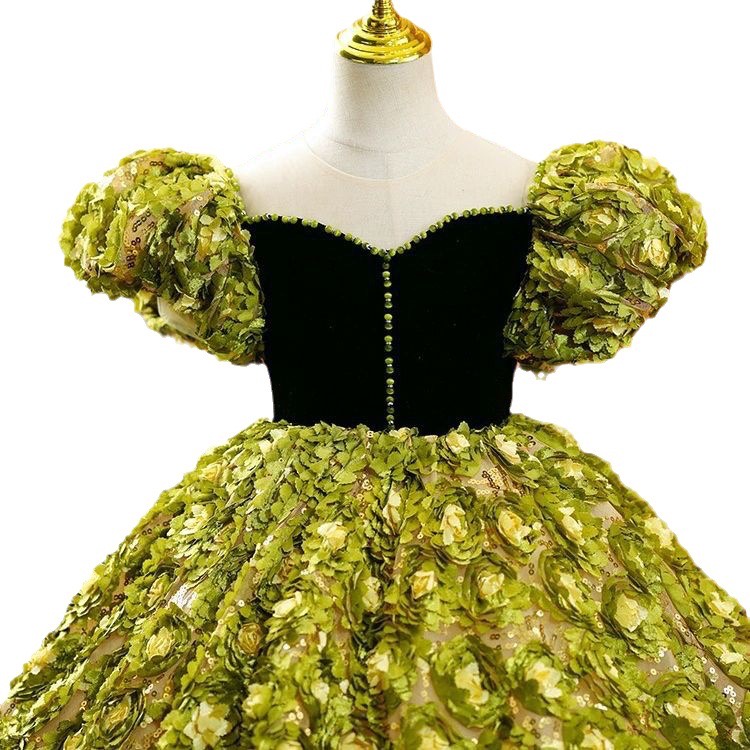 2023 new green Flower Girl Dresses princess Ball Gown 3D hand made flowers Lace Appliques Beads With sweep train Kids Girls Pageant Dress Piano costum