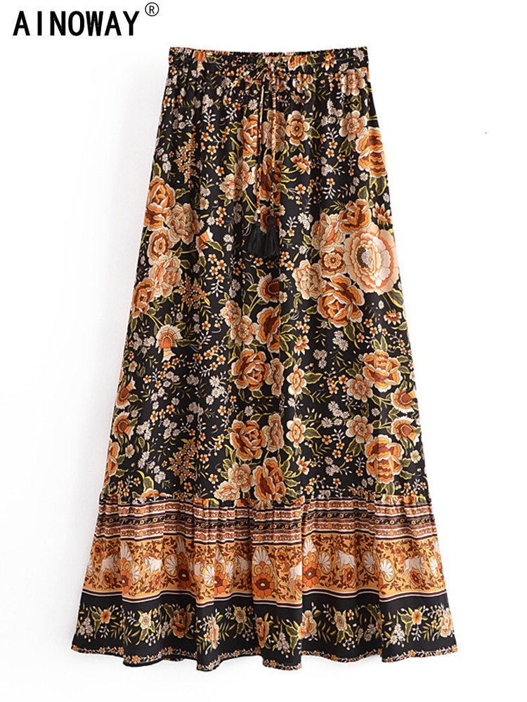 Skirts Summer Fashion Elegant Black Floral Print Beach Bohemian Pleated Skirt Vintage Lady High Waist A-Line Rayon Maxi Boho Skirts 230428
