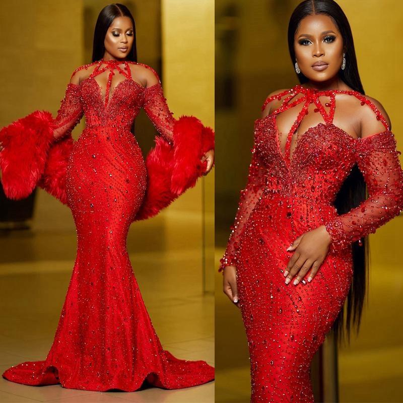 urious Aso Ebi Prom Dresses Sparkg Red Lace Mermaid Evening Dress Crystals Birthday Party Second Reception African Arabic Engagement Gowns ST465