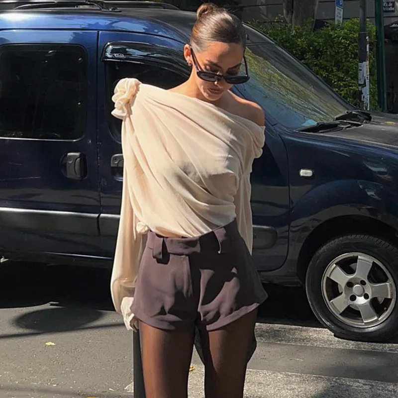 Women s T Shirt Cryptographic Skew Collar Floral Applique Mesh Chiffon Tops for Women Elegant Fashion Club Cropped See Through Pullover 231127